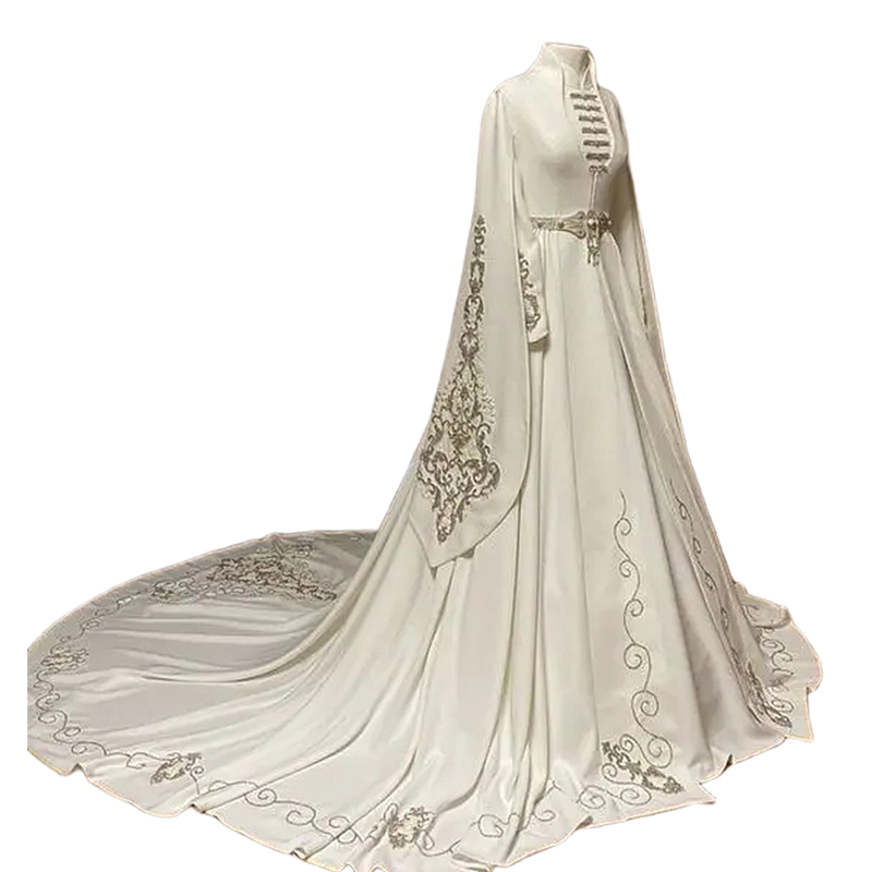 Elegant Caucasus Wedding Dresses Long Sleeves Silver Embroidery High Neck Traditional Bridal Gowns Muslim Ivory Robe De Mariee 2024