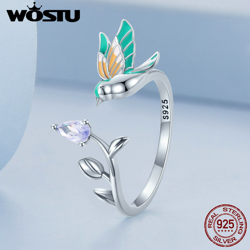 Solitaire Ring WOSTU 100% 925 Sterling Silver Kingfisher Open Ring For Women party Engagement flower bird style ring Fine Jewelry Gifts 230425