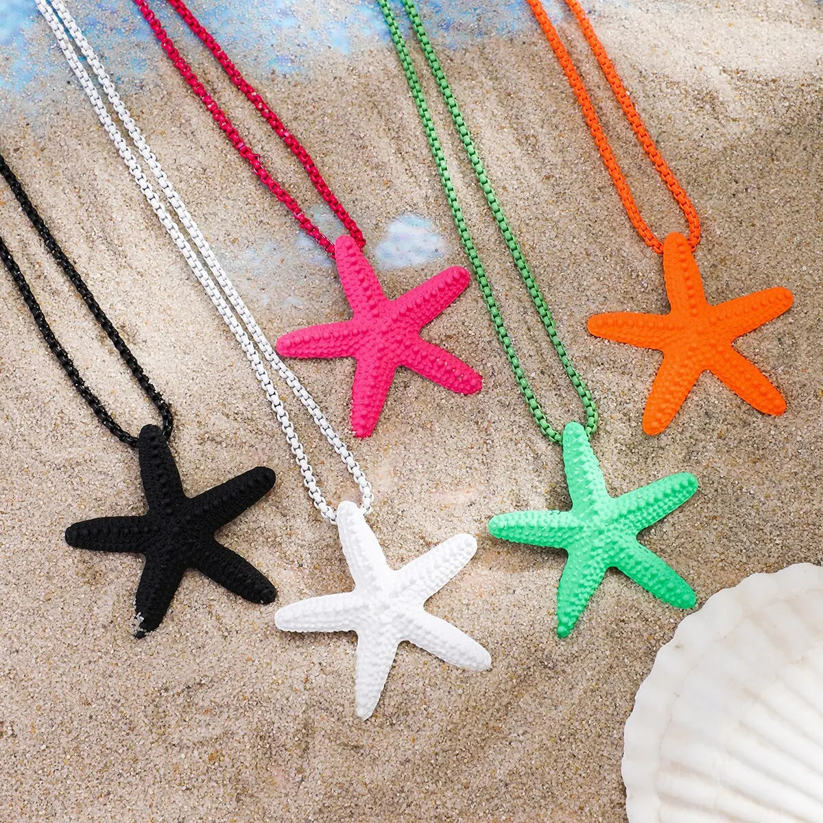Beaded Necklaces Exaggerated Boho Colorful Metal Big Starfish Star Pendant Choker Necklace Stud Earrings Summer Punk Chunky Chain Y2K Jewelry Set 2311
