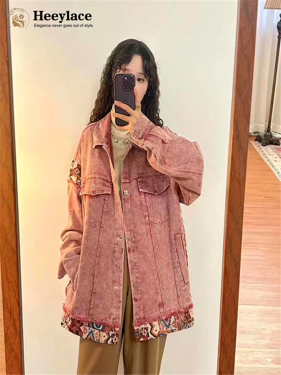 Women's Jackets Spring Women's Jacket Korea Style Vintage Loose Sweet Cool Pink Patchwork Tooling Vestidos Denim Jeans Coat for Women 230426