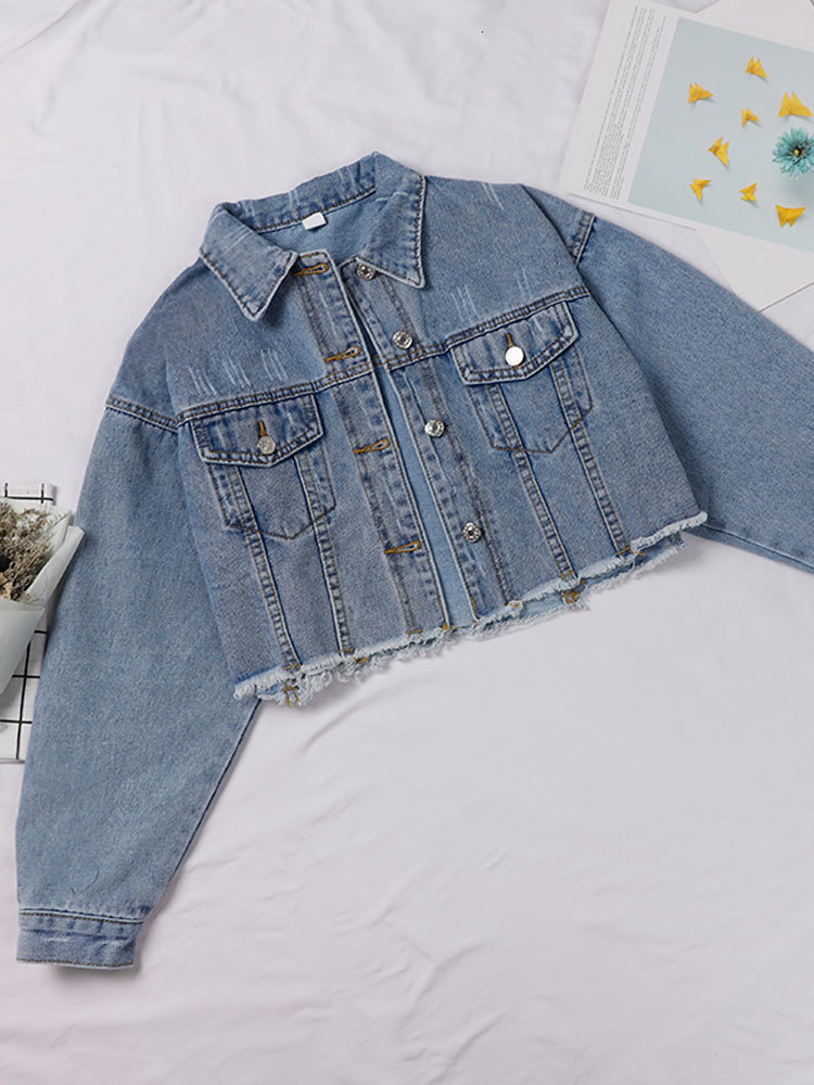 Women's Jackets Autumn Women's Denim Cropped Jacket Female Pockets Hole Short Jean Jackets Ladies Fashion Button Casual Solid Coats 230426