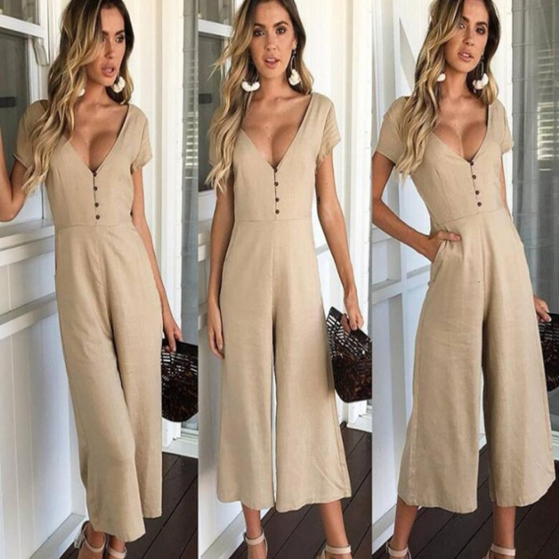 Women's Jumpsuits Rompers Summer Wear Short Sleeve V-neck Button Jumpsuit Pants White Khaki Green Black Jumpsuit Women Romper 230426