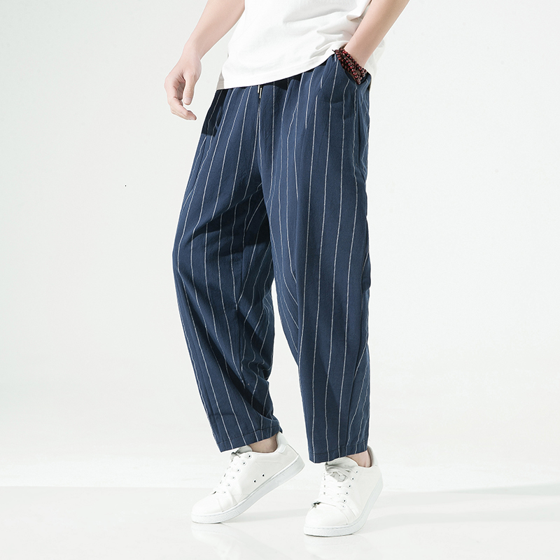 Men's Pants Mens Pants Casual Stripe Harem Pants Male Loose Japanese Style Straight Vintage Men Woman Trousers Cotton Linen Streetwear 230426