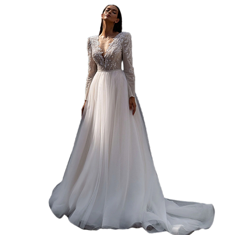 2024 Boho A Line Wedding Dresses Lace Appliques Long Sleeves White Tulle Bride Dress Court Train Sheer Illusion Back Sexy Country Bridal Gowns