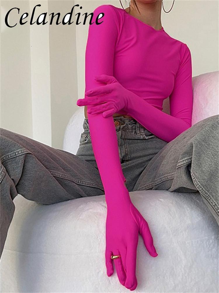 Women's T-Shirt Celandine Casual Long Sleeve O Neck Skinny T Shirt Gloves Y2K Spring Summer Tees Women Sexy Crop Top Pink Club Party Harajuku 230