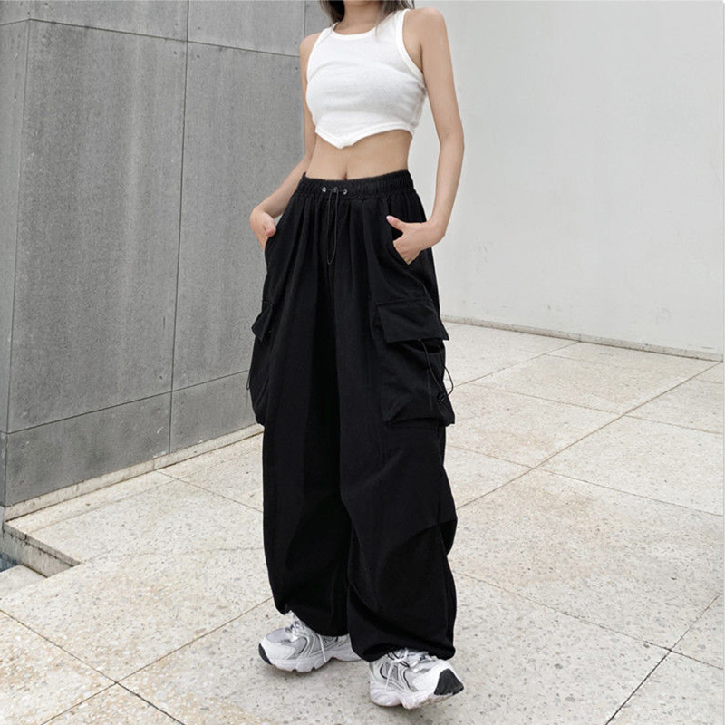 Women's Pants Capris Y2K Women Streetwear Cargo Pants Korean Harajuku Casual Solid Baggy Straight Trousers Fashion Wide Leg Pockets Joggers Trous