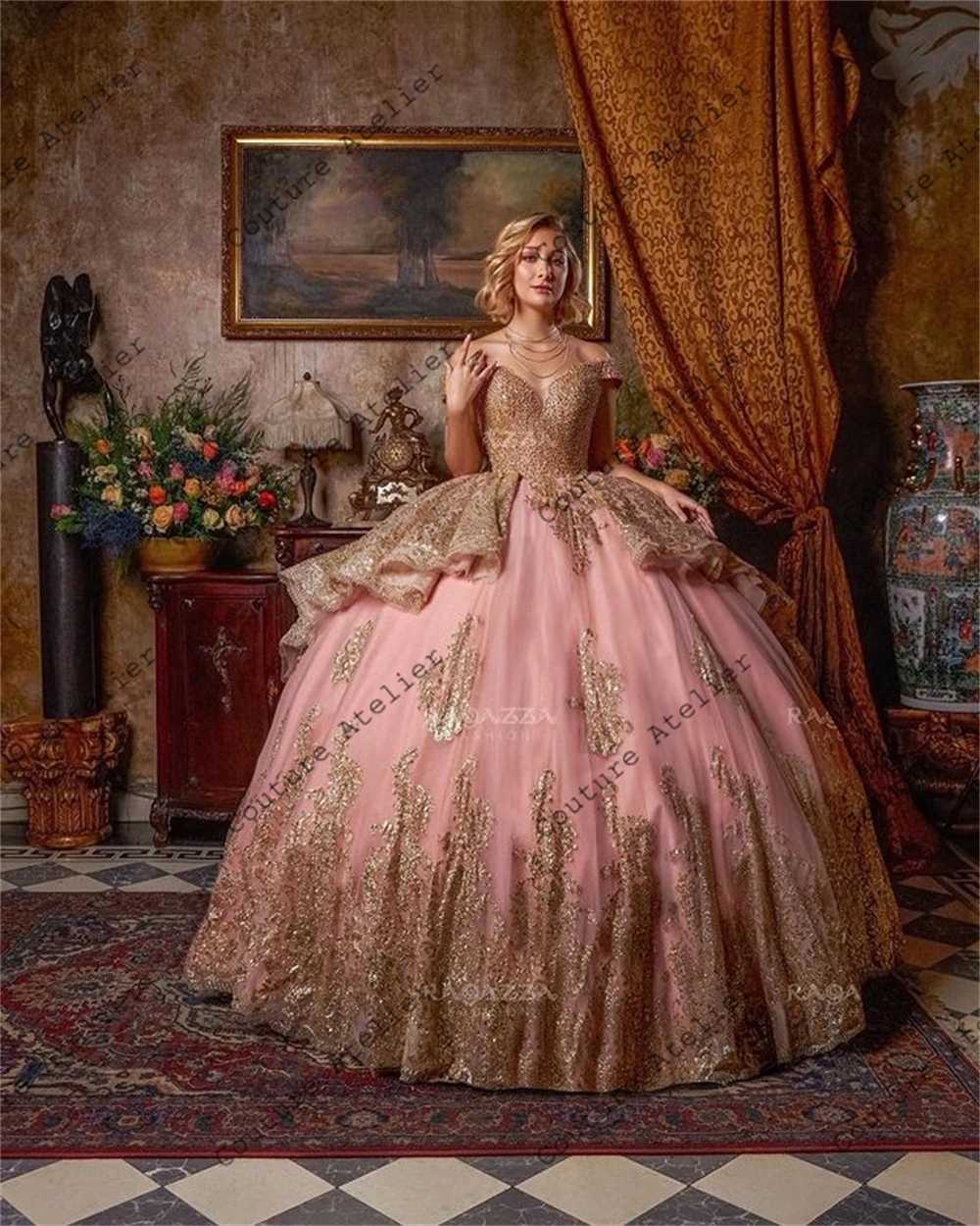 Rose pink Gold Sequin Appliques Quinceanera Dresses Off Shoulder princess Birthday Lace-Up corset Sweet 16 Dresses vestidos