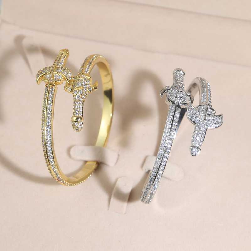 Iced Out Sword Cuff Bangle Micro Paved Bling Cubic Zirconia Bracelet Vintage Gift for Women Men Hip Hop Cool Jewelry