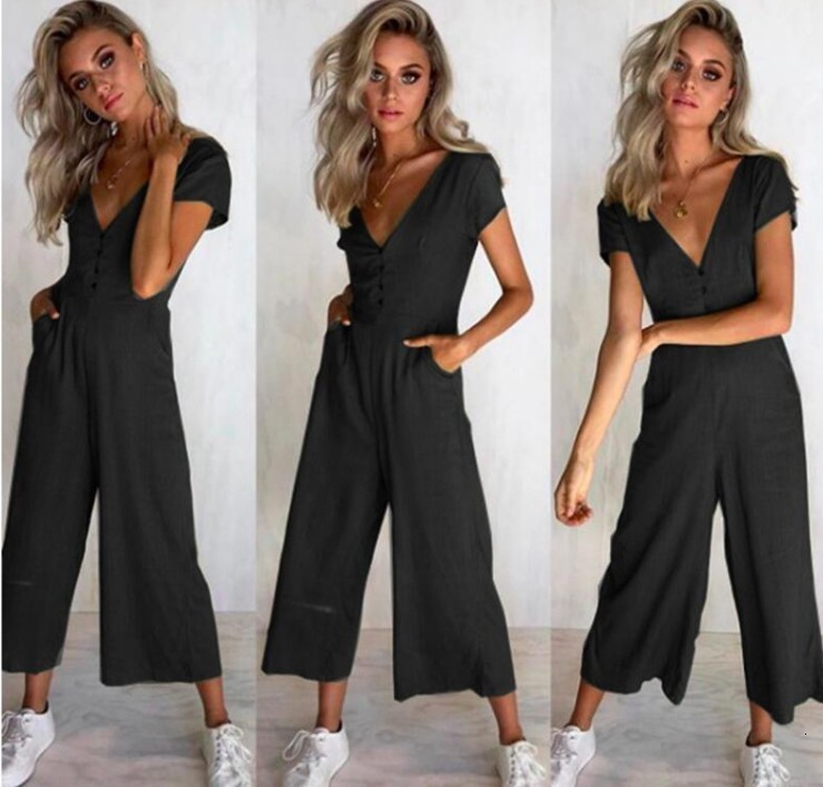 Women's Jumpsuits Rompers Summer Wear Short Sleeve V-neck Button Jumpsuit Pants White Khaki Green Black Jumpsuit Women Romper 230426