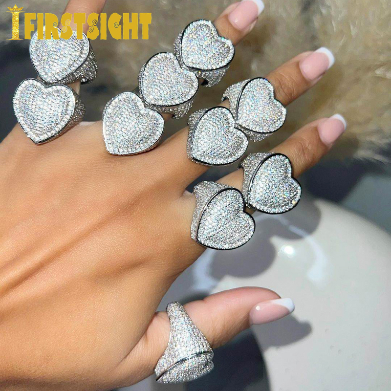 Cluster Rings Iced Out Bling Big Heart Ring Gold Silver Color Rectangle CZ Micro Pave Cubic Zircon Finger Hip Hop Punk Men Women Jewelry 230425