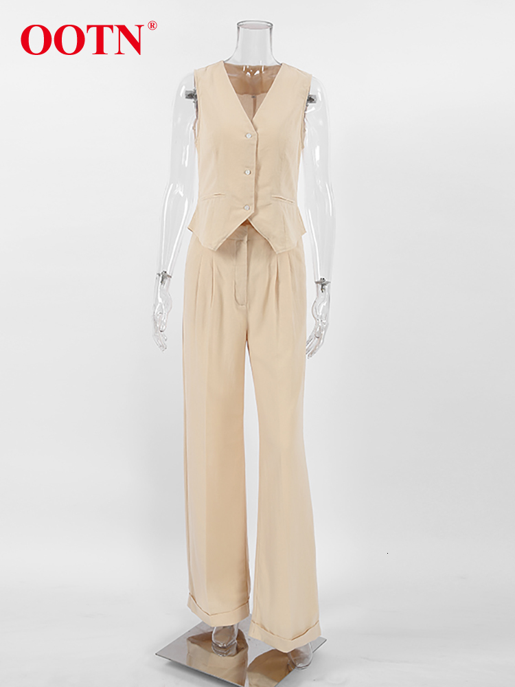 Women's Two Piece Pants OOTN Elegant Cotton Linen Shirts Sets Office Summer V Neck Single Breasted Vest High Waist Long Pants Two Piece Sets Wome