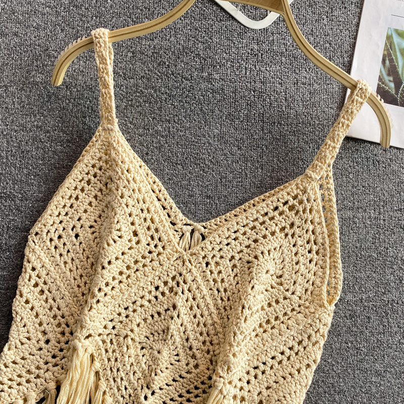 Camisoles Tanks Retro bohemian ethnic style crop tops sexy hollow knitted tassel spaghetti strap tanke top off shoulder sleeveless camisole ins 230426