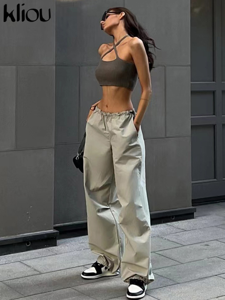 Women's Pants Capris Kliou Solid Casual Oversized Cargo Pants Women Hipster Drawstring Loose Harajuku Vintage Trousers Streetwear Female Bottoms 
