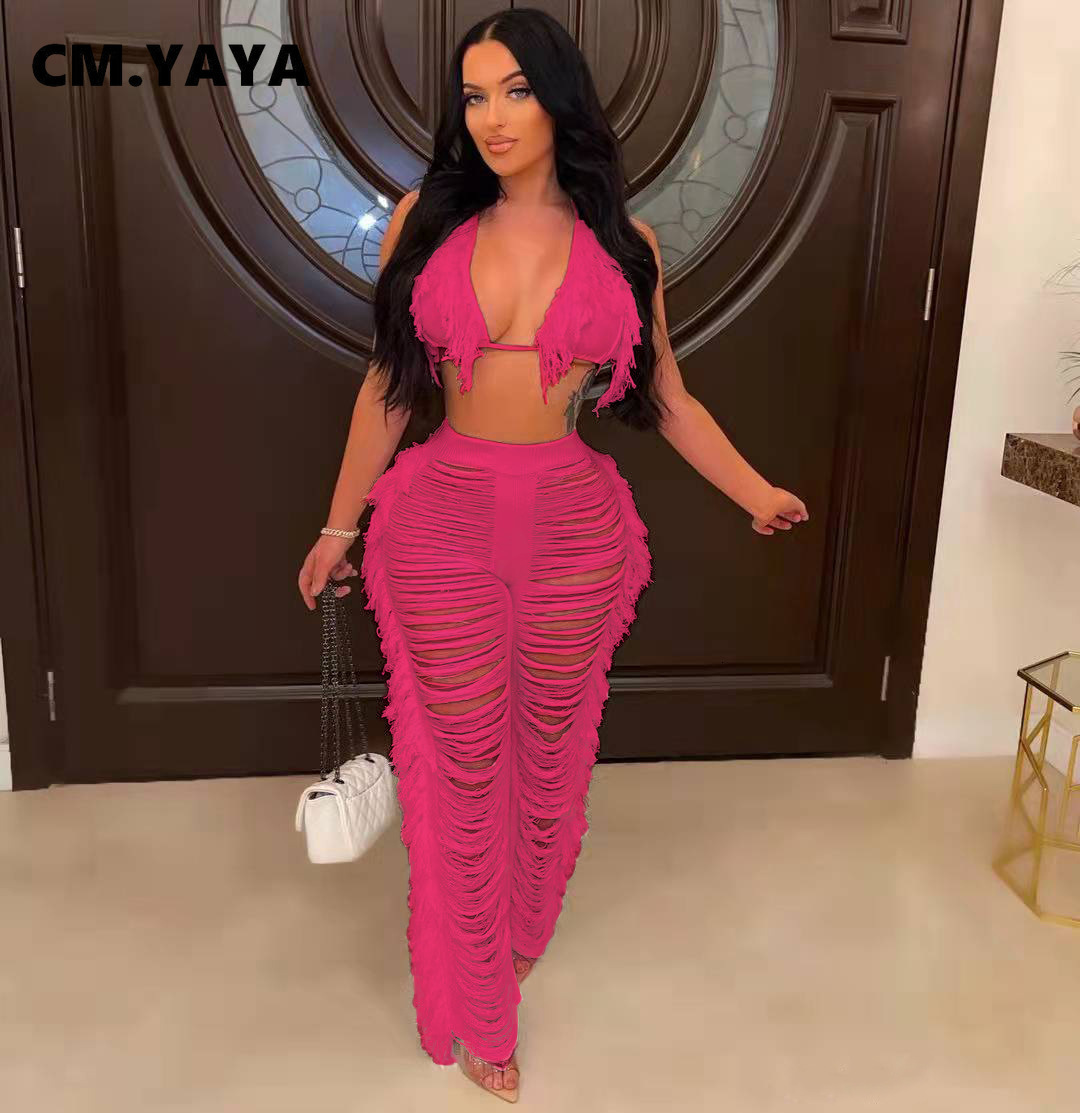 Women's Two Piece Pants CM.YAYA Sexy Beach White Women 2pcs Set Tassel Crop Tops and Hole Wide Leg Pants Set Sweatsuit Tracksuit Two Piece Set Ou