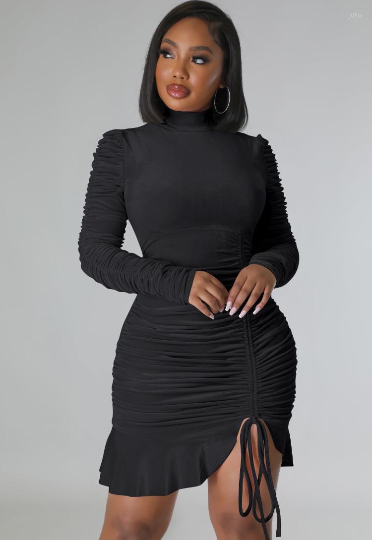 Casual Dresses KEXU Christmas Women Velvet Drawstring Ruched Up Stacked Turtleneck Long Sleeve Ruffles Hem Bodycon Mini Dress Vestidos