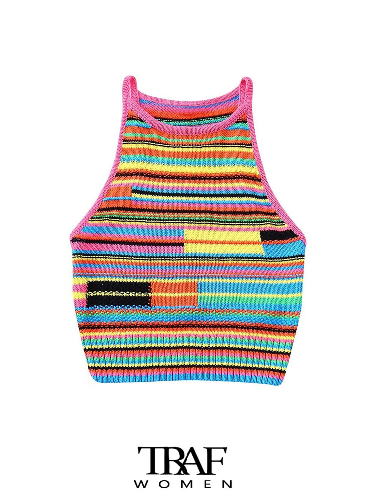 Women's Tracksuits TRAF Women Fashion Striped Knit Tank Tops And High Elastic Waist Shorts Female Two Piece Sets Mujer 230425