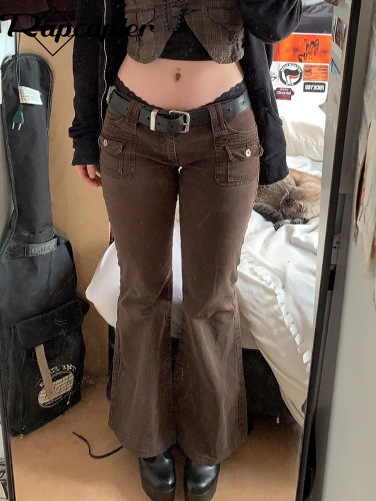 Women's Shorts Rapcopter Y2K Brown Flare Jeans Solid Pockets Kawaii Trousers Low Waisted Aesthetic Grunge Fairycore Joggers Women Casual Basic 23