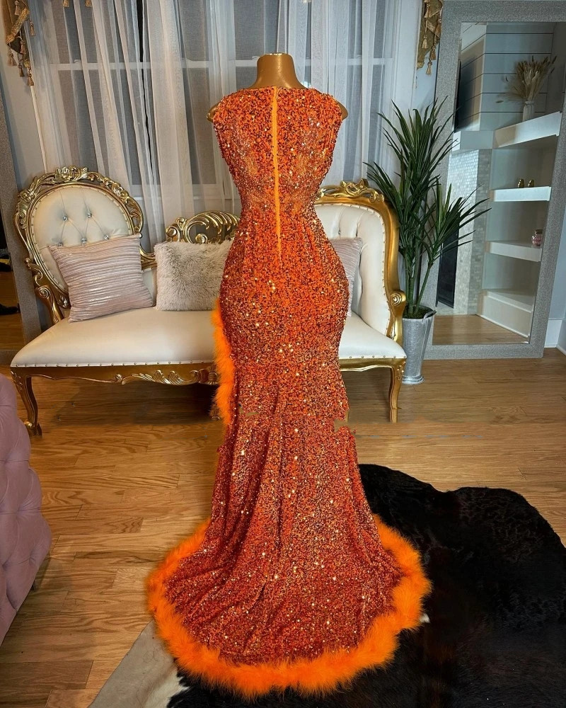 Orange Sequin Prom Dresses Sparkly Rhinestone Split Feathers Evening Dress Sheer Neck Black Girls Party Gowns