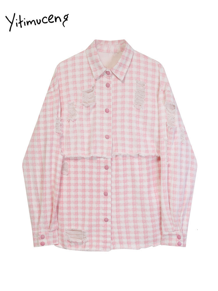 Women's Jackets Yitimuceng Plaid Jean Jacket for Women Fashion Streetwear Ripped Long Sleeve Denim Jacket Women Chic Detachable Coats 230426