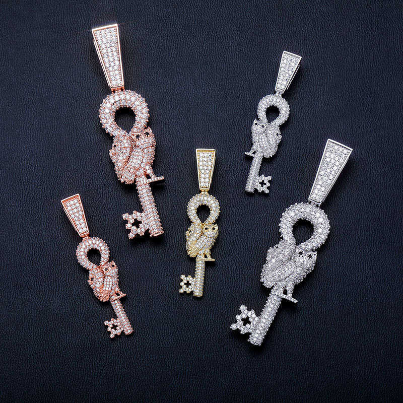 Golden Owl Key Hip Hop Pendant Necklace Full Iced Out Cubic Zircon Punk Rock Charms Necklaces Bling Pendants Real Gold Plated Bling CZ Hip Hop Jewelry