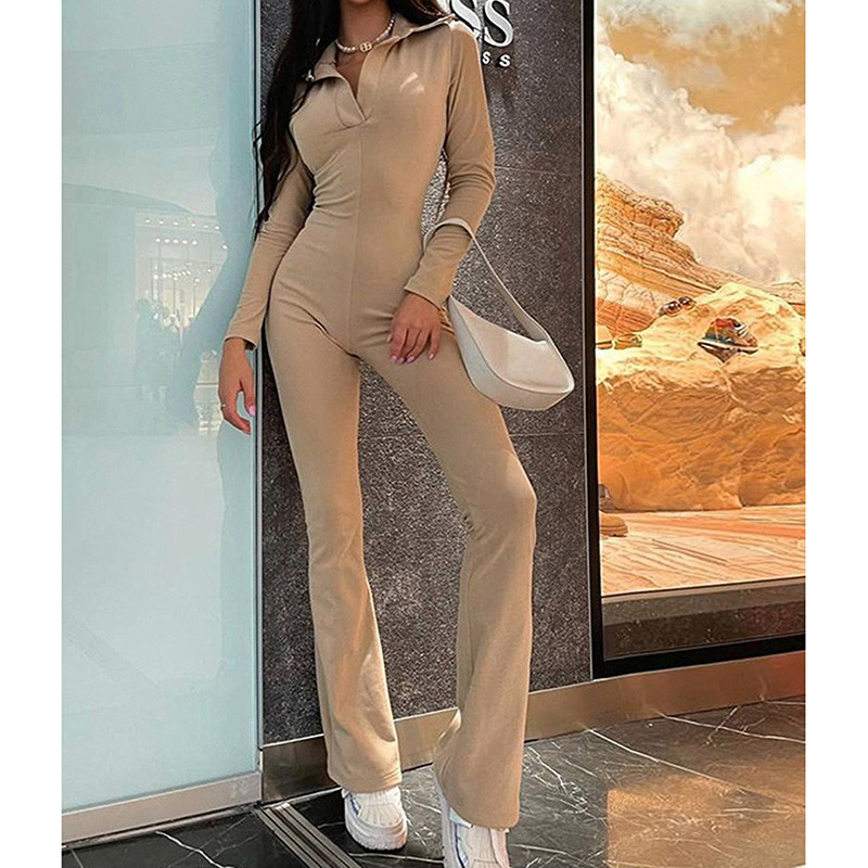 Women's Jumpsuits Rompers Casual High Street Slimming Jumpsuits Women Solid Color Lapel Romper Trousers Bell Bottoms Ladies Autumn Spring Outfits
