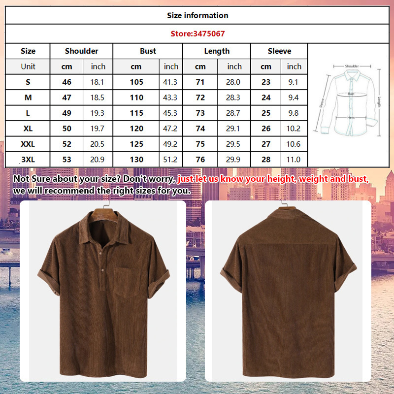 Men's Casual Shirts Fashion Brown Corduroy Shirts for Men camisa masculina Mens Short Sleeve Button Up Shirt 230425