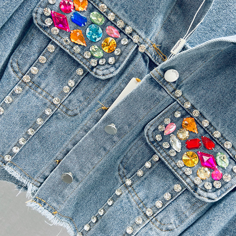 Women's Jackets Women Short Denim Jacket Coat Spring Pearl Diamonds Chain Tassel Frayed Burrs Hem Half Sleeve Female Jeans Jacket Streetwear 2304