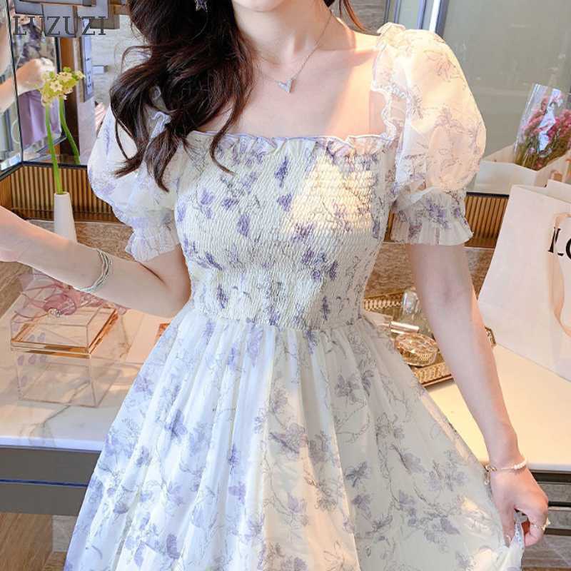 Women's Swimwear Summer Women French Tender Ink Painting Puff Sleeve Long Dress Korean Temperament Sweet Fairy Style Lady Floral 230426