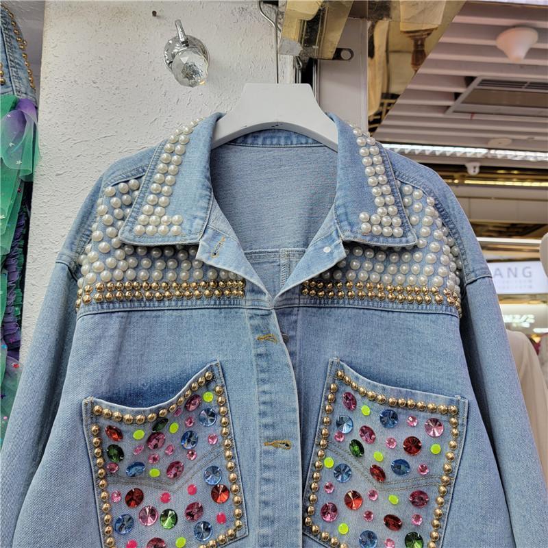 Women's Jackets Heavy Pearl Colorful Sequined Long Sleeve Denim Jacket Women Spring Autumn Clothes Washed Jean Jacket Coat