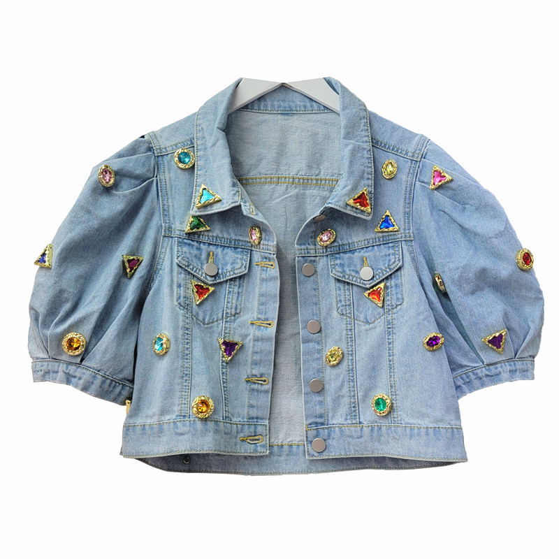Women's Jackets Casual Puff Sleeve Rhinestones Short Denim Coats for Women Spring and Summer Loose Diamonds Crop Jean Jackets Female 230427
