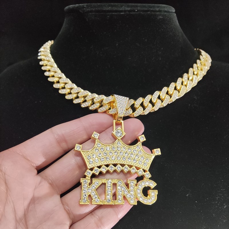 Strands Strings Men Women Hip Hop Crown with King Pendant Necklace with 13mm Cuban Chain HipHop Iced Out Bling Necklaces Fashion Charm Jewelry 230426