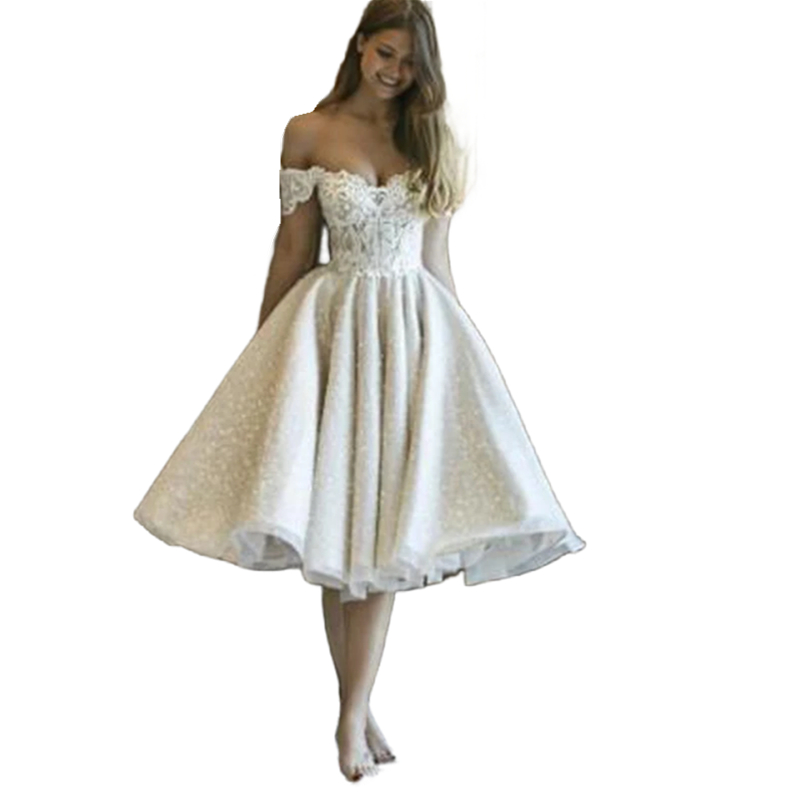 Summer Short Glitter Sequined Wedding Dresses Tea Length Off Shoulder Elegant Women Bridel Gowns Lace Appliques Shiny Princess Bridal Dress 2024