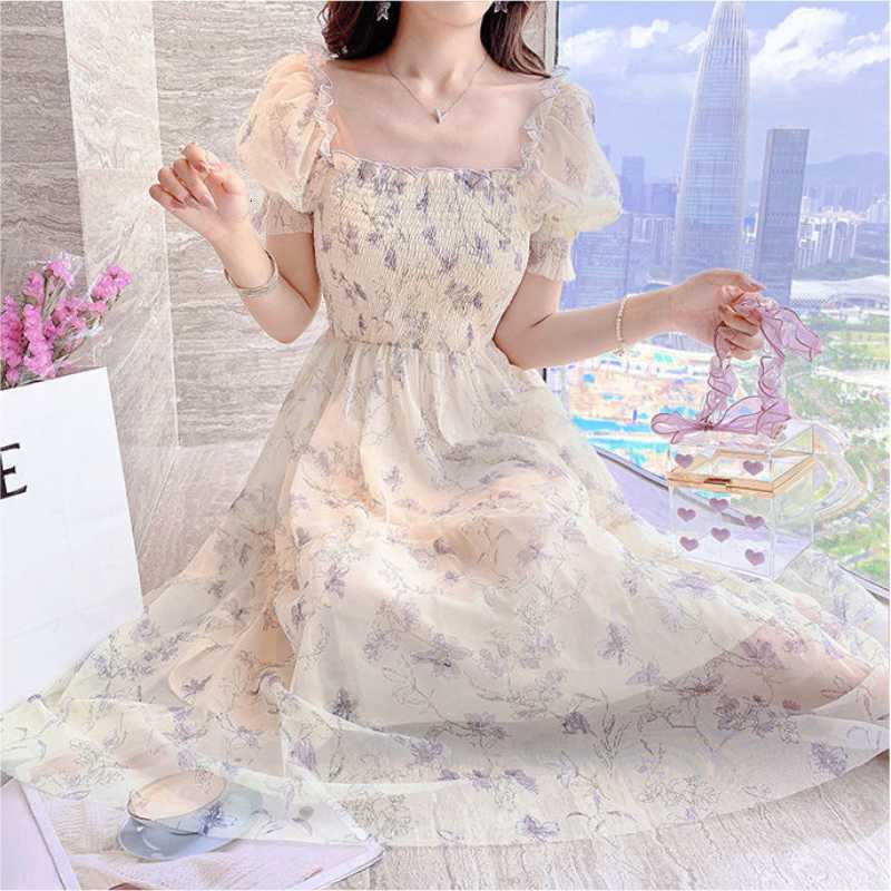 Women's Swimwear Summer Women French Tender Ink Painting Puff Sleeve Long Dress Korean Temperament Sweet Fairy Style Lady Floral 230426
