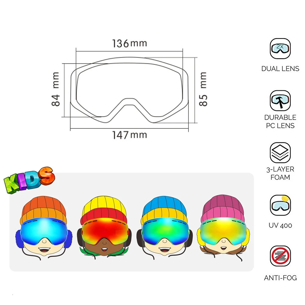Ski Goggles Benice Kids Snowboard For Children UV400 Double layer Antifog Boy Girl Spherical Lens Big Snow Skiing Glasses 231127