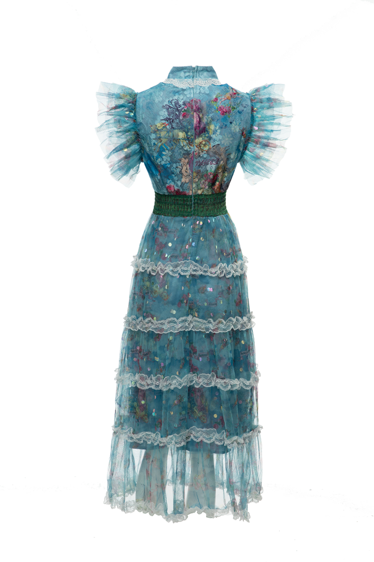 Women's Runway Dresses O Neck Tiered Ruffles Lace Patchwork Fashion High Street Vestidos