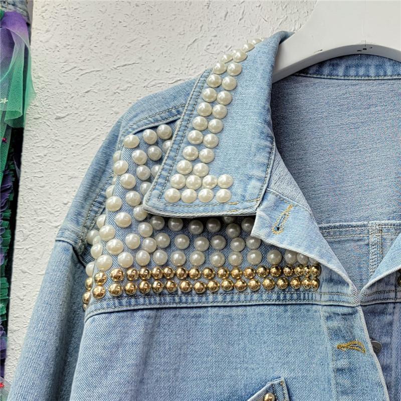 Women's Jackets Heavy Pearl Colorful Sequined Long Sleeve Denim Jacket Women Spring Autumn Clothes Washed Jean Jacket Coat