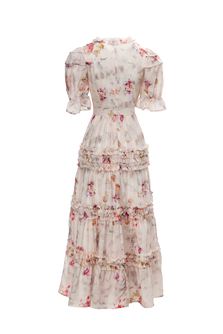 Women's Runway Dresses O Neck Short Sleeves Printed Floral Tiered Ruffles High Street Casual Vestidos