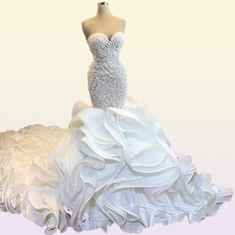 Gorgeous Mermaid Wedding Dress Sweetheart Beaded Pearl Tiered Ruffles Chapel Train Bridal Gowns Off Shoulder Sexy Wedding Dresses