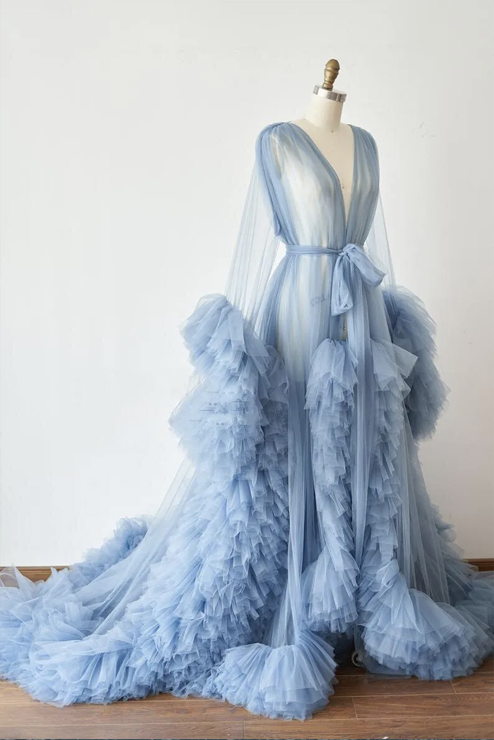 Chic Illusion Ruffles Tulle Long Sleeve Women Winter Sexy Kimono Pregnant Party Sleepwear Women Bathrobe Sheer Nightgown Robe Shawel