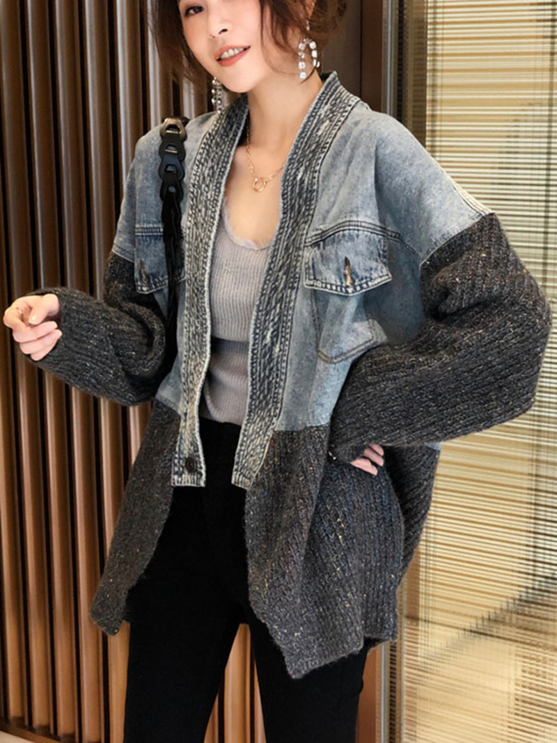 Women's Jackets Jean Jacket Women Denim Jackets Knit Patchwork Spring Autumn Korean Youth Patchwork Denim Street Knitted Cardigan Jackets 230427
