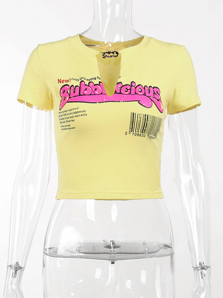 Women's T-Shirt Sifreyr Letter Print Sexy Baby Tees Women Summer Crops Tops V Neck Short Sleeve Fashion Streetwear Y2K Yellow Casual T-shirts 230