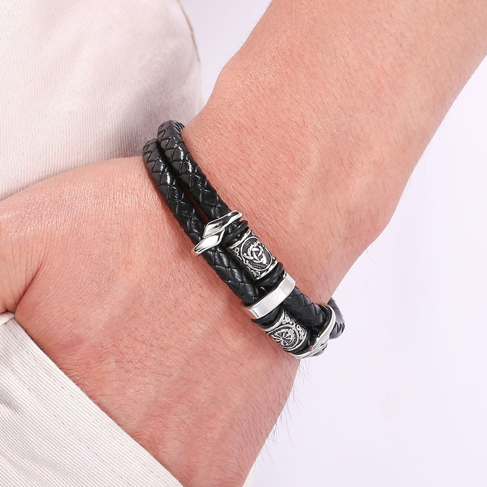 Viking Style Double Layered Leather Bracelet Stainless Steel Charm Bracelets for Women Gift