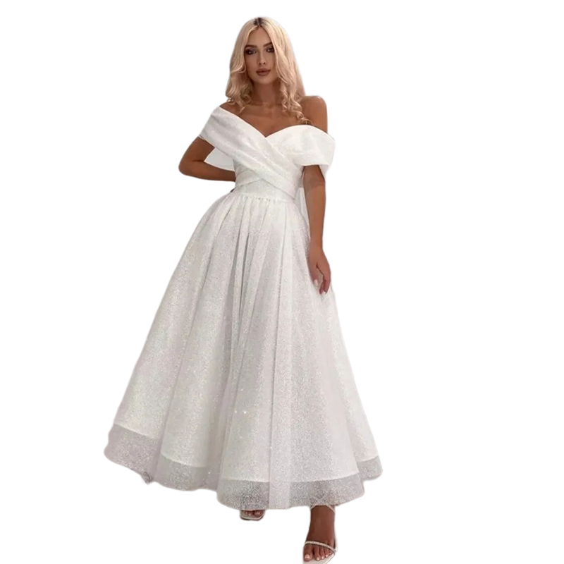 Glitter White Sequined A Line Wedding Dresses Off The Shoulder Ankle Length Bridal Gowns Simple Chic Bride Dress 2024