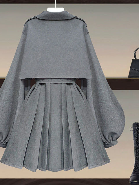 Women's Two Piece Pants Autumn Office Ladies Elegant 2 Set Korean FashionTurndown Iantern Long Sleeve Trench Coat And Bodycon Sets 230426