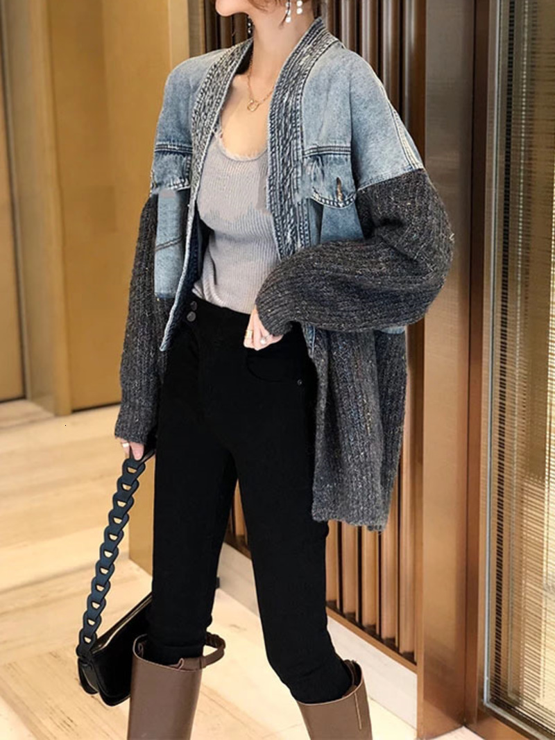 Women's Jackets Jean Jacket Women Denim Jackets Knit Patchwork Spring Autumn Korean Youth Patchwork Denim Street Knitted Cardigan Jackets 230427