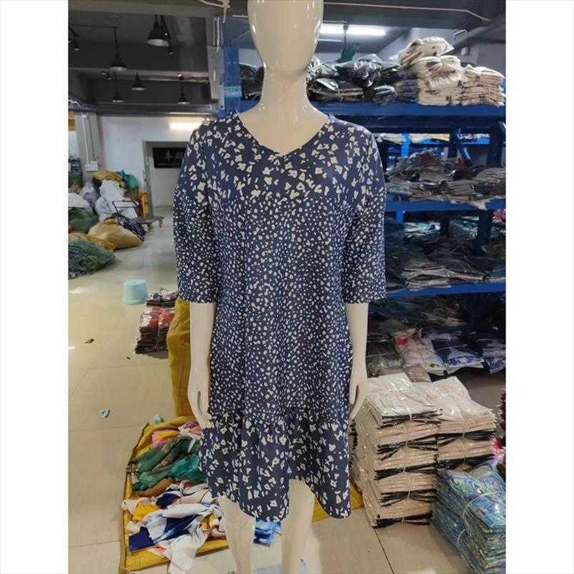 Summer Floral Print Mid Dresses Length Sleeves V Empire Neck Dress Women