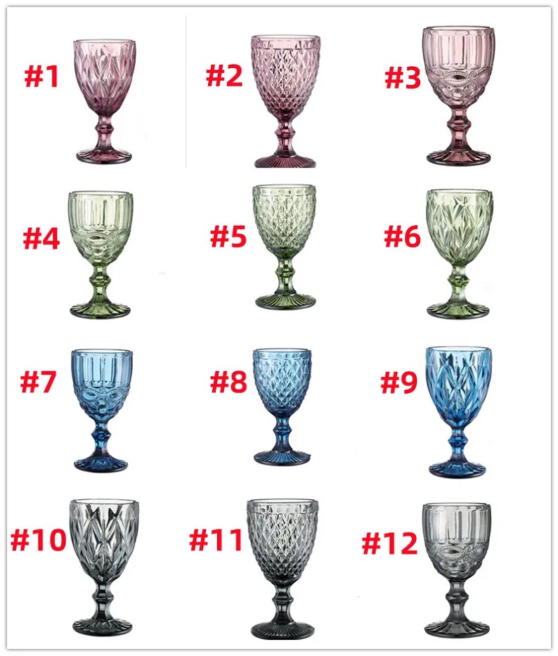 240ml 300ml European style embossed stained glass Wine Glasses Colored Glass Goblet with Stem Vintage Pattern Embossed Romantic Drinkware for Party We