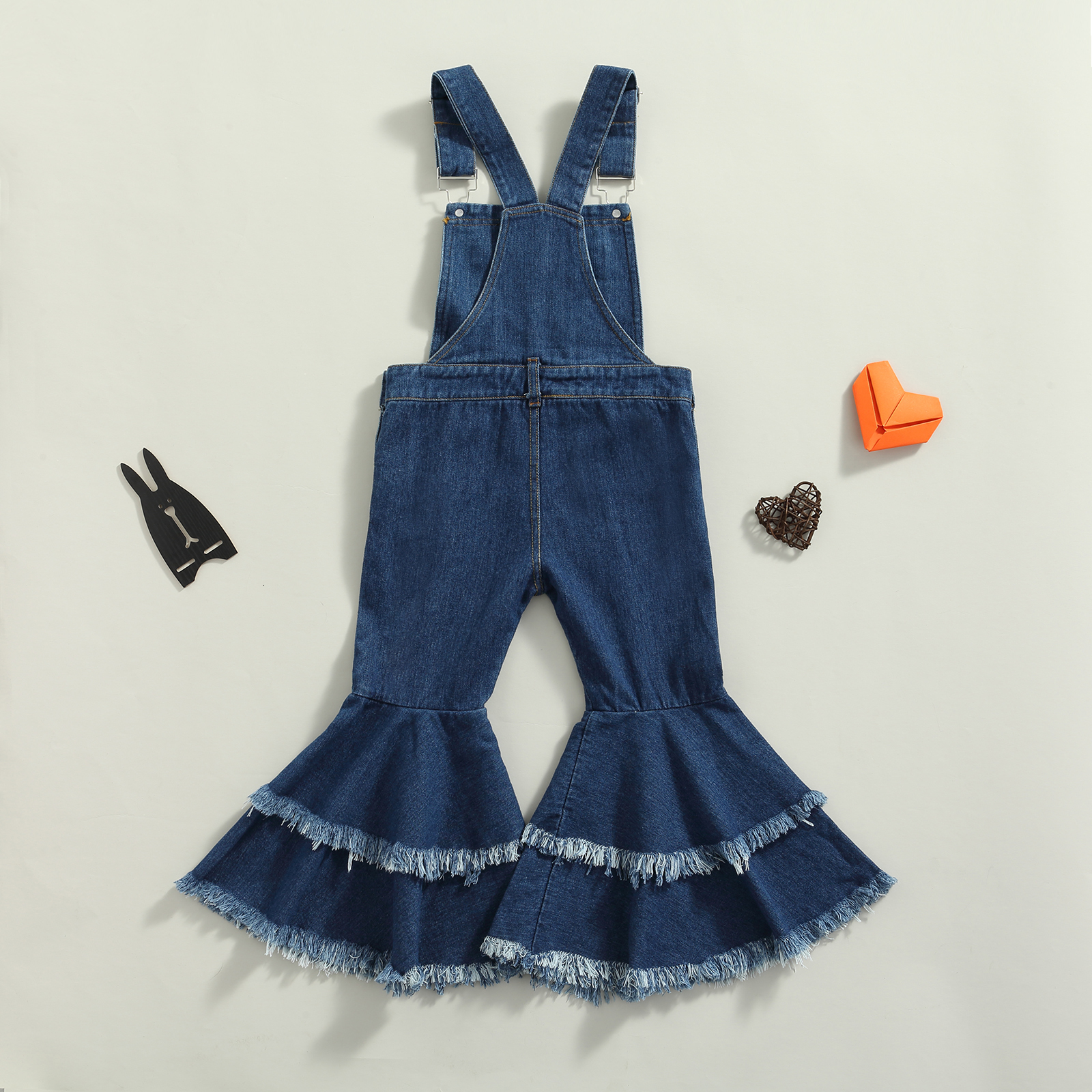 Trousers Celana Suspender Perempuan 3 7 Tahun Terusan Tanpa Lengan Warna Solid Biru dengan Hem Kerutan dan Lubang Rusak 230426