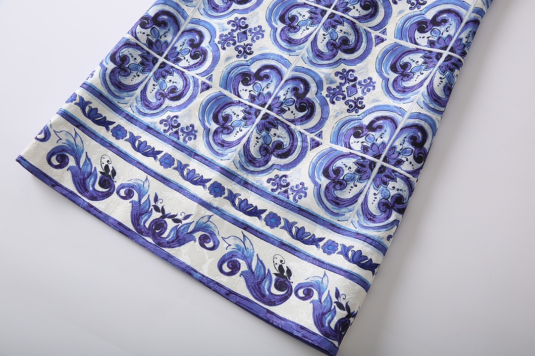 Blue Porcelain Print Dress: Designer Party Wear | Sleeveless Gathered Waist Birthday Dresses C260311