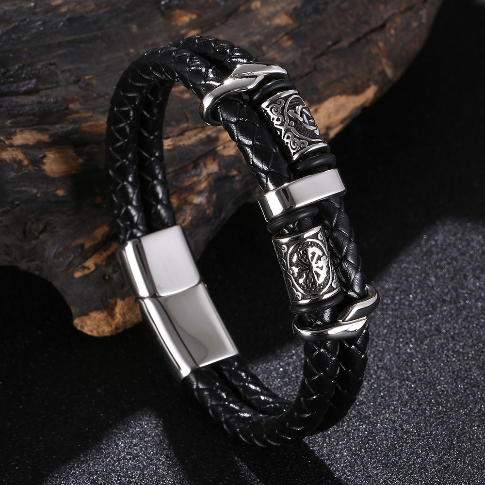 Viking Style Double Layered Leather Bracelet Stainless Steel Charm Bracelets for Women Gift